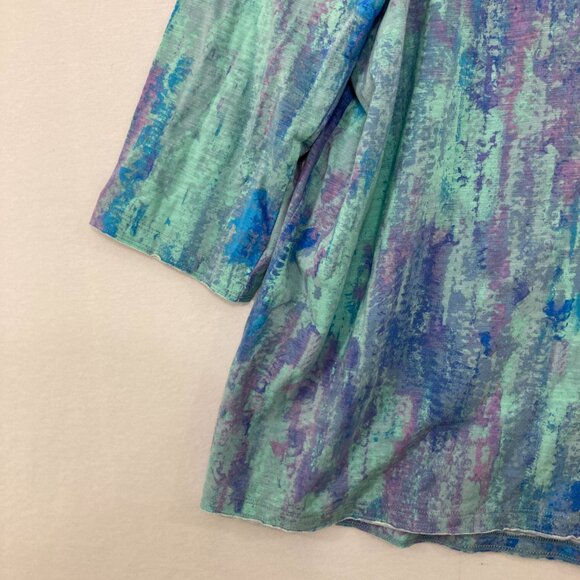 Belle by Kim Gravel size 1X Blue Purple Abstract V neck Stretch 3/4 Sleeve Top - Picture 4 of 10
